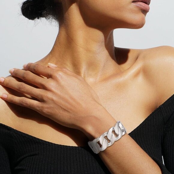 Silver Thick Cuban Chain Cuff Bracelet for Women, Open Hinge, Gift-Ready - Picture 3 of 7